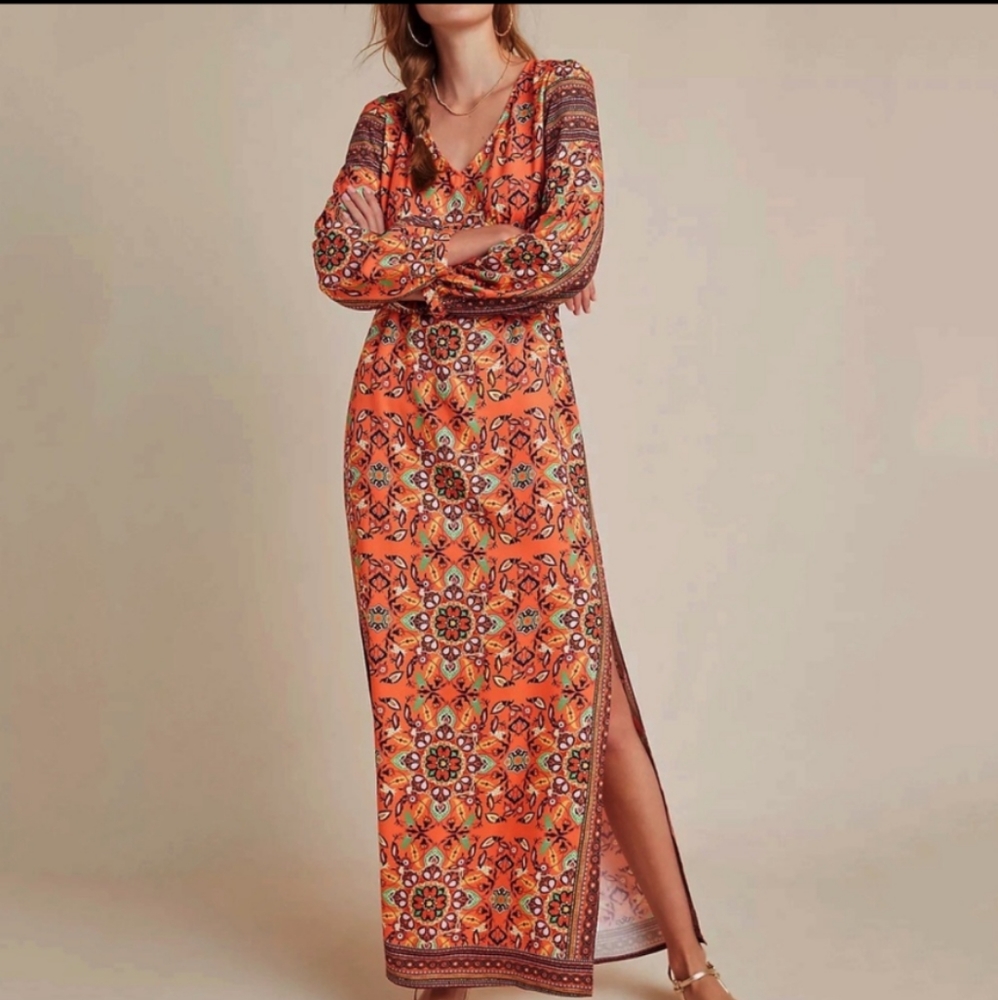Anthropologie Vibrant Orange and Purple Patterned Maxi Dress